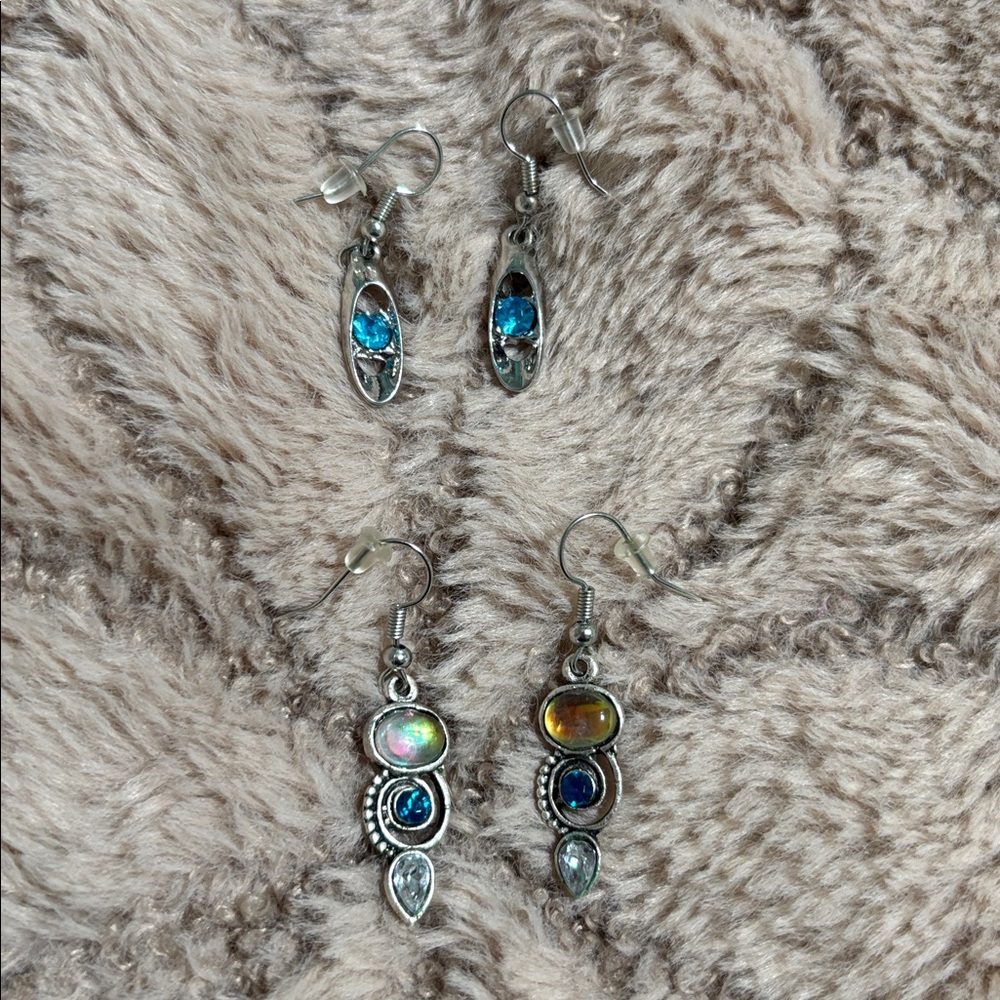 Elegant Silver and Blue Dangle Earrings (2 pairs)